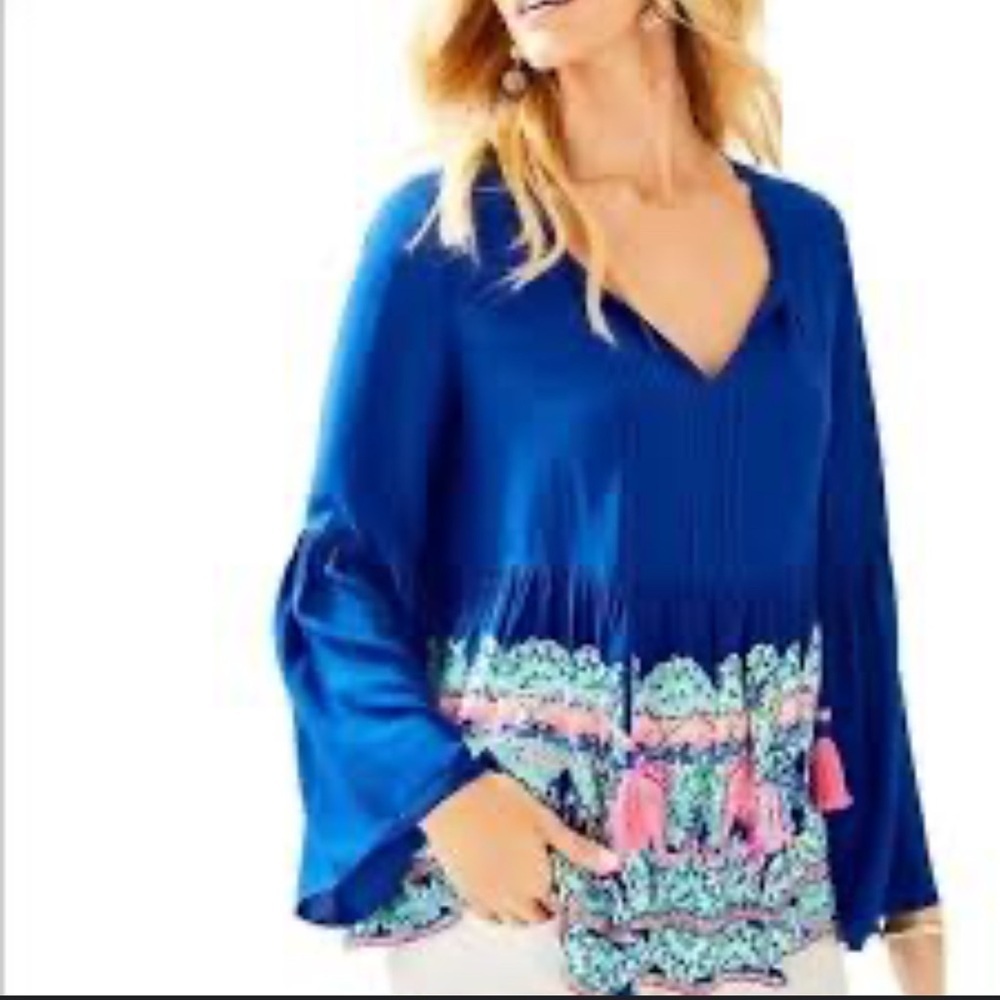 Lilly Pulitzer Kahli Blue Babydoll Tassel Long Sleeve Blouse Top Size XS
